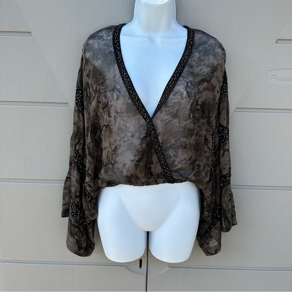 Free People Cropped sheer embellished beaded bell sleeves dye blouson top sz XS - Picture 12 of 15